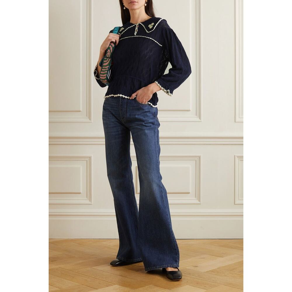 Rixo Kali Scalloped Embroidered Pointelle Knit Top